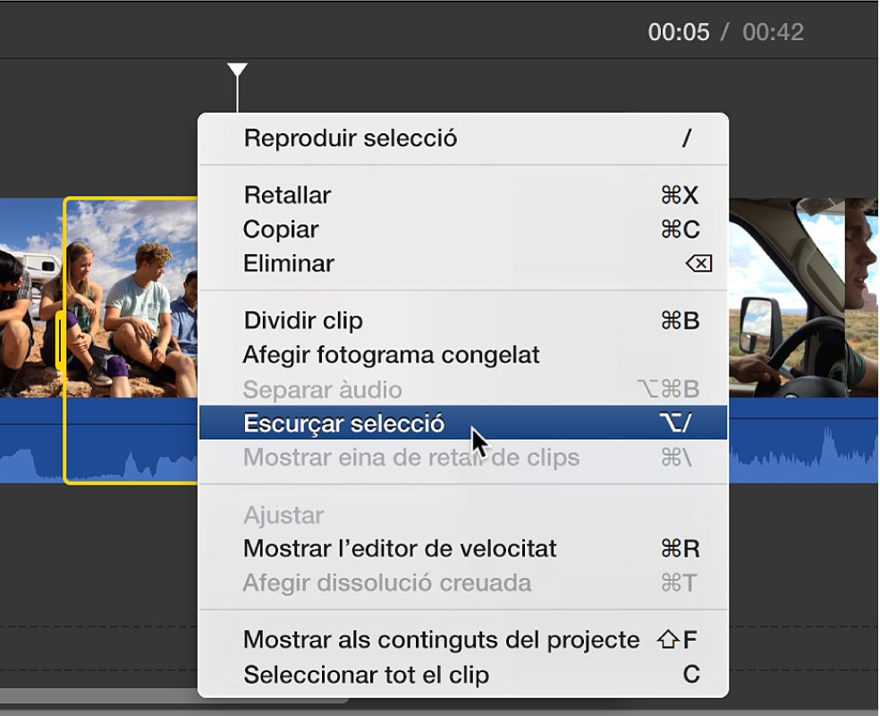 Opció “Retallar la selecció” seleccionada al menú de dreceres de la línia de temps