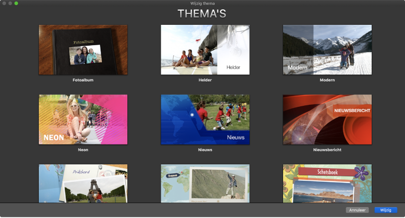 Het venster 'Wijzig thema' met miniaturen van filmthema's