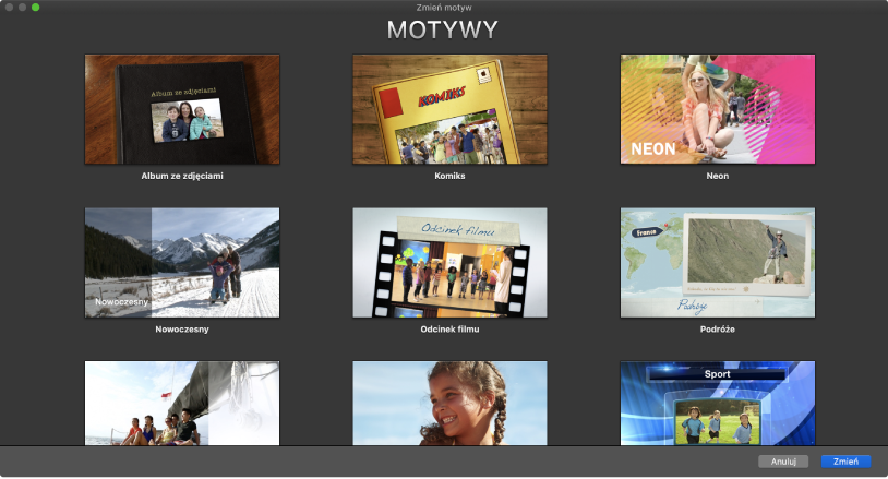 Okno zmiany motywu z miniaturkami motywów filmu.