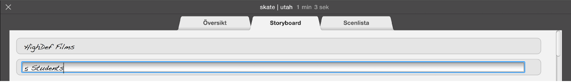 Text skrivs in i trailerpanelen Storyboard