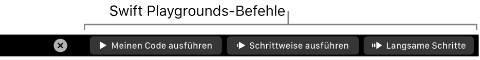 Die Touch Bar mit Tasten der App „Swift Playground“, zu denen – von links nach rechts – folgende gehören: „Meinen Code ausführen“, „Schrittweise ausführen“ und „Langsame Schritte“.