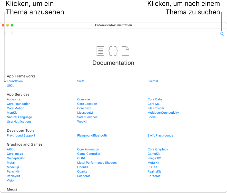 Eine Playground-Seite und rechts das geöffnete Inhaltsverzeichnis der Entwicklerdokumentation. Sie enthält das Symbol „Suchen“ und die Liste der Themen, die du durch Klicken anzeigen und lesen kannst.