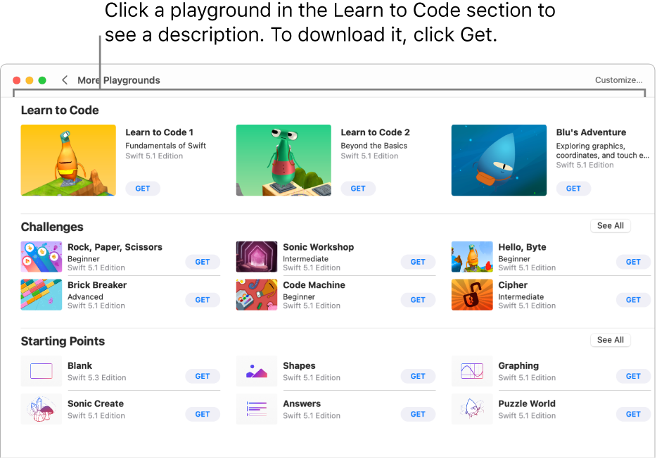 The More Playgrounds screen. At the top is the Learn to Code section, showing several playgrounds designed to help you learn how to code, each with a Get button you can click to download the playground.