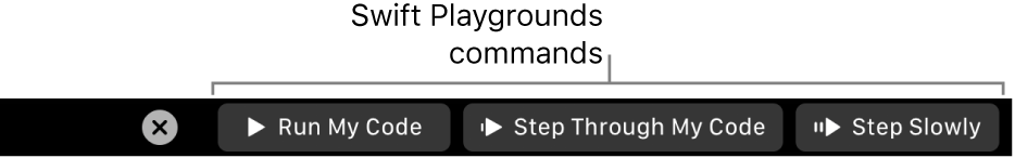 The Touch Bar with buttons from the Swift Playground app that include—from left to right—Run My Code, Step Through My Code, and Step Slowly.