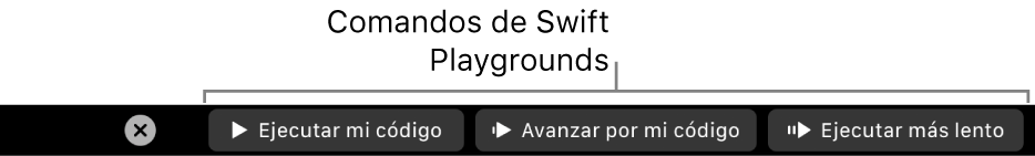 La Touch Bar con botones de la app Swift Playground que incluyen, de izquierda a derecha, “Ejecutar mi código”, “Avanzar por mi código” y “Ejecutar más lento”.