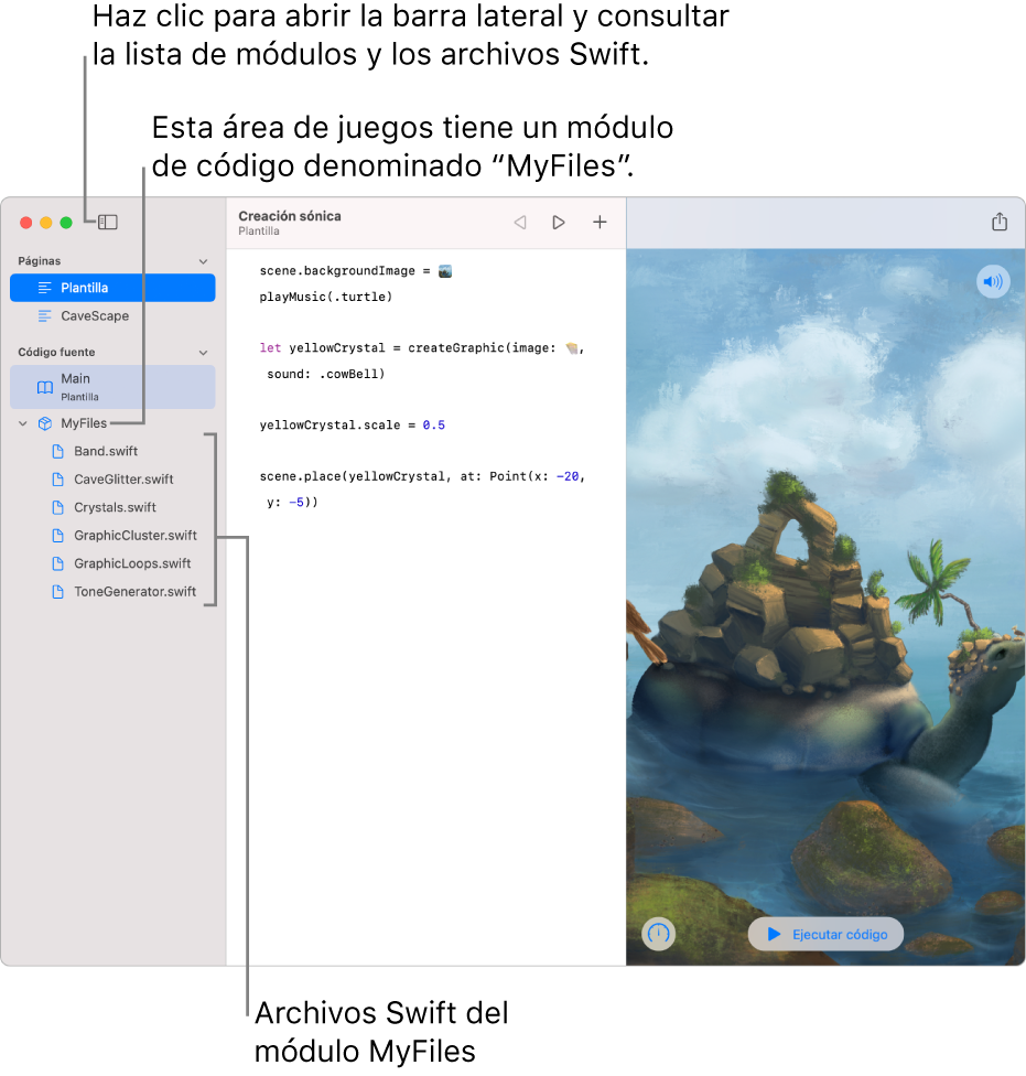 Una página de área de juegos con la barra lateral y la lista de módulos abierta, mostrando que el área de juegos tiene un módulo de código denominado MyFiles que contiene seis archivos Swift.