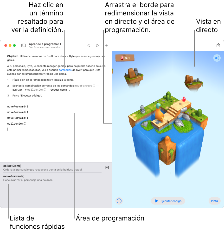 Un área de juegos con la zona para escribir código a la izquierda y la vista en tiempo real del resultado a la derecha. Puedes hacer clic en texto resaltado para obtener una definición y hacer clic en las sugerencias de código de la lista de funciones rápidas (situada debajo del área de código) para introducirlas en tu código.