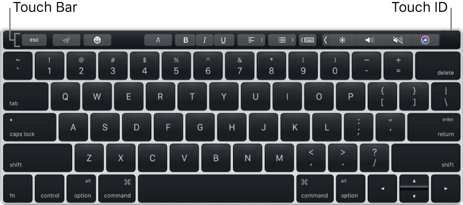 Un clavier présentant la Touch Bar tout en haut ; la fonctionnalité Touch ID est située à l’extrémité droite de la Touch Bar.