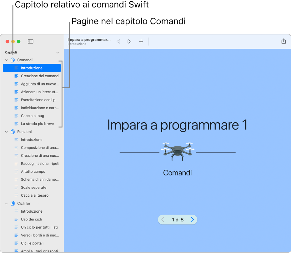 La prima diapositiva dell'introduzione ai comandi nel playground “Impara a programmare 1”. La barra laterale è aperta e mostra tutti i capitoli e le pagine nel playground.