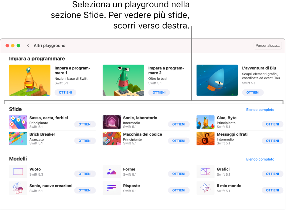 La schermata “Altri playground”, con la sezione Sfide che mostra diversi playground predefiniti disposti in griglia, ciascuno con un pulsante Scarica per eseguire il download.