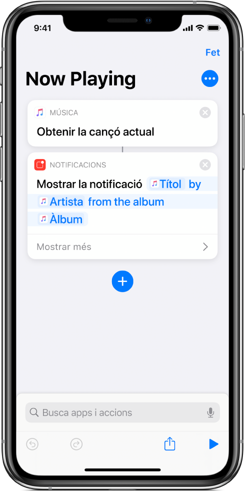L’acció “Mostrar notificació” a l’editor de dreceres i l’avís “S’està reproduint” de l’app Música cridades per l’acció “Mostrar notificació”.