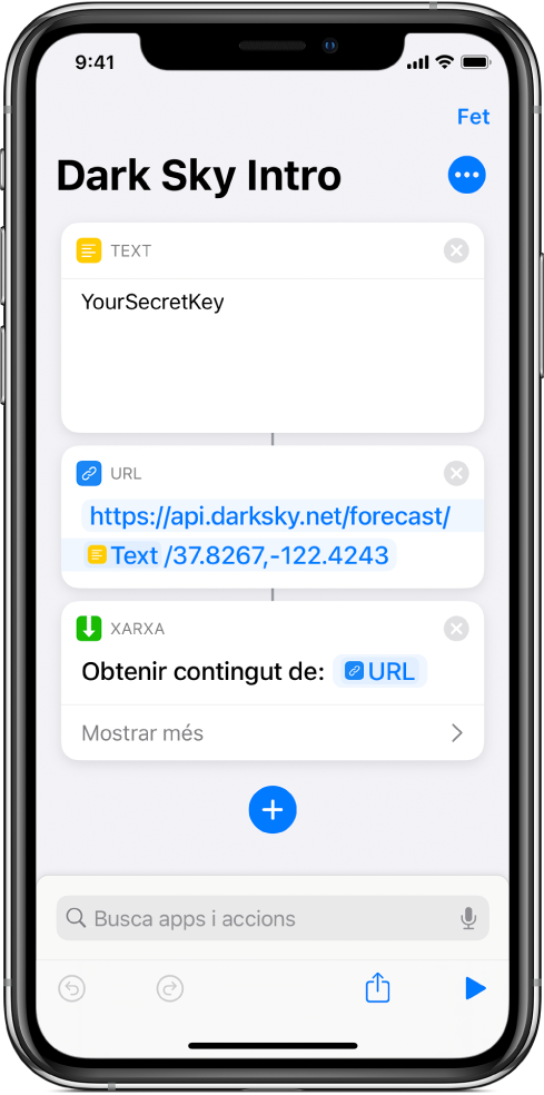 Una sol·licitud de l’API Dark Sky que conté una acció de Text amb una clau d’API secreta, seguida per una acció URL que apunta al punt final de l’API mitjançant una variable de clau secreta, seguida de l’acció “Obtenir el contingut de l’URL”.