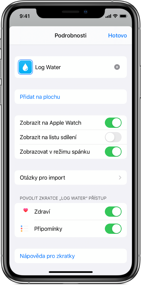 Obrazovka Podrobnosti v aplikaci Zkratky se zobrazenou volbou Zobrazit na Apple Watch