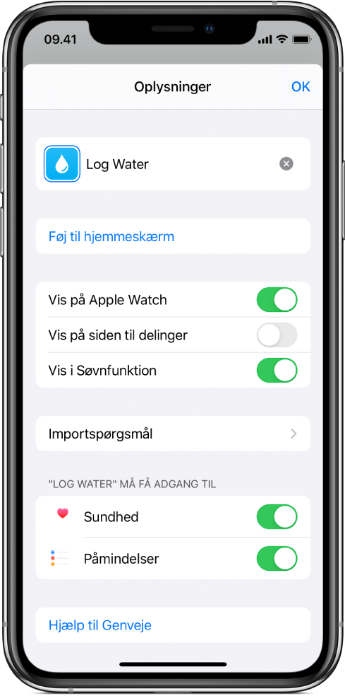 Skærmen Oplysninger i appen Genveje, der viser Føj til hjemmeskærm.
