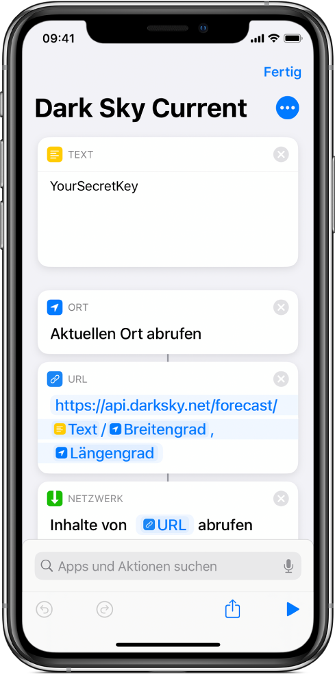 Ein Kurzbefehl für die Anforderung an die API von Dark Sky mit der Aktion „Aktuellen Ort abrufen“ zwischen der Aktion „Text“ und der Aktion „URL“.