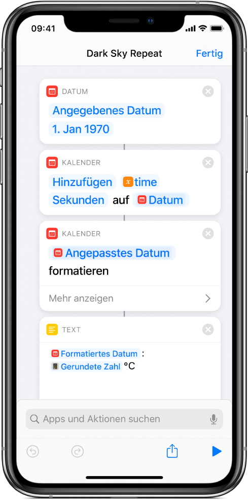 Kurzbefehleditor mit den Aktionen „Datum“, „Datum anpassen“ und „Text“ mit den angewendeten Variablen.