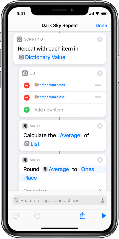 Calculate Statistics action and Round Number action in the shortcut editor.