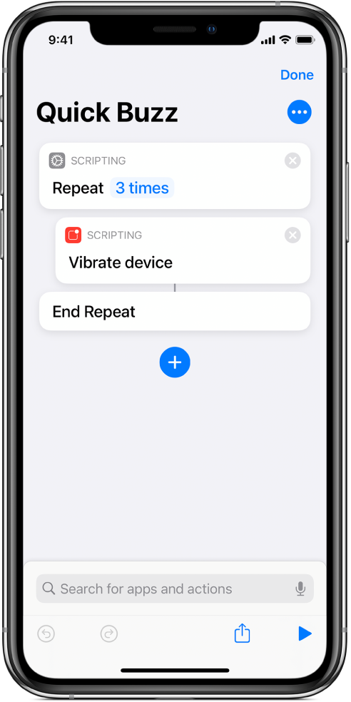 Vibrate Device action set to repeat three times.