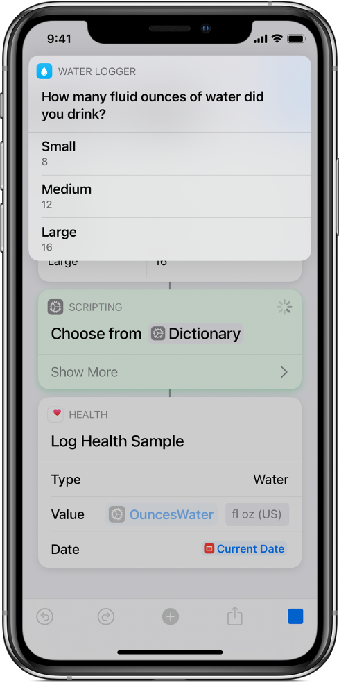 Choose from List action after a dictionary item in a running shortcut.