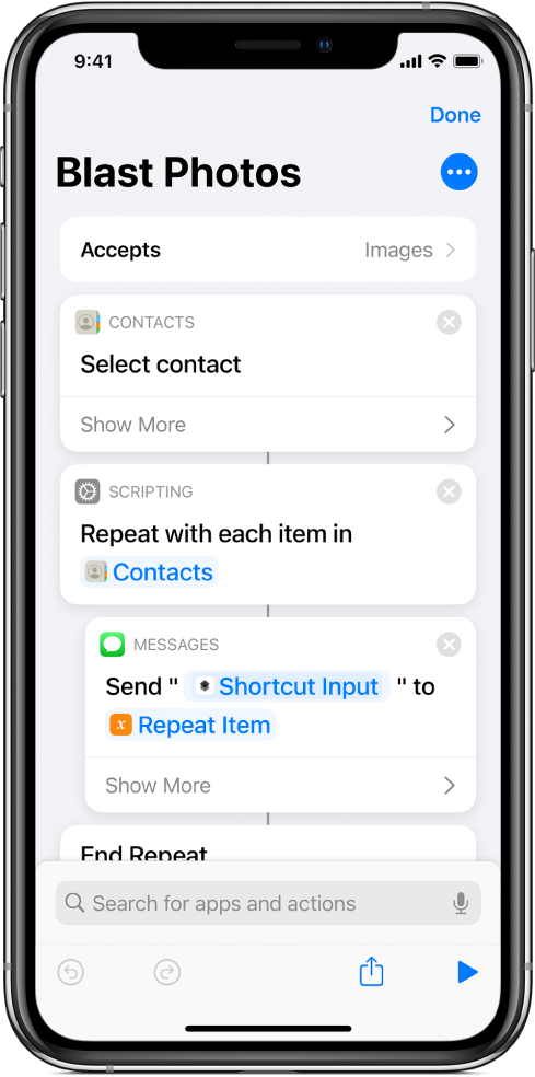 Example shortcut showing “Repeat” actions.