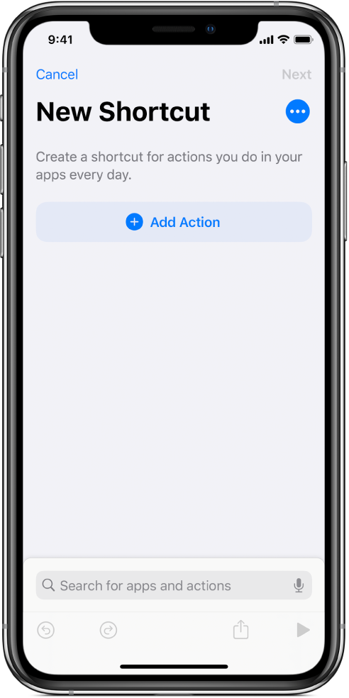 Empty shortcut editor on an iPhone.