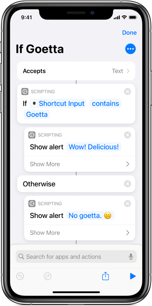 Example shortcut with “If” actions.
