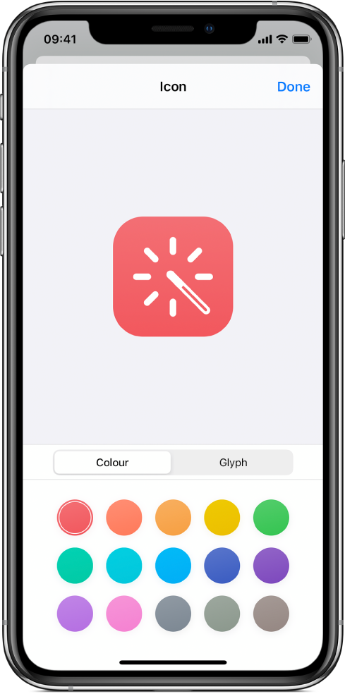 Icon screen showing shortcut colour options.