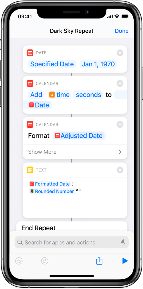 Date action, Adjust Date action and Text action in the shortcut editor, with variables applied.