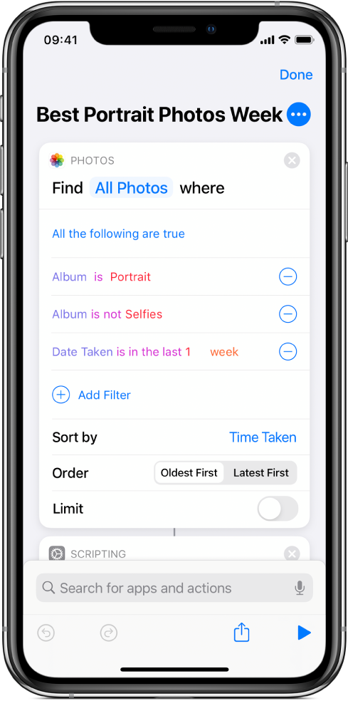 Find Photos Where action in shortcut editor.