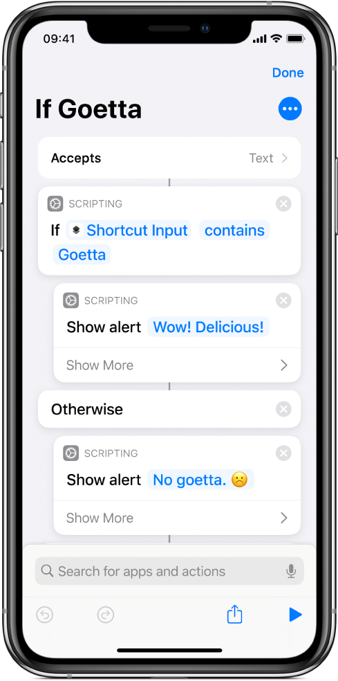 Example shortcut with "If" actions.
