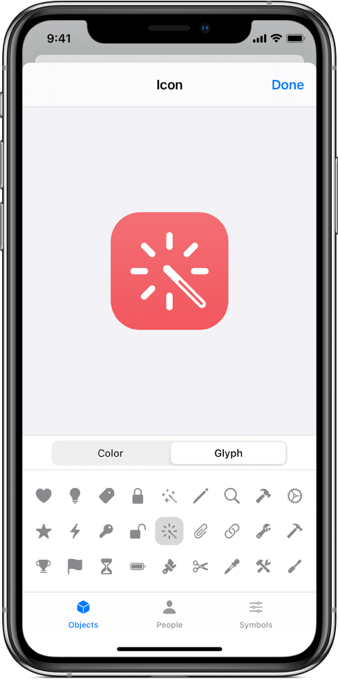Icon screen showing shortcut glyph options.