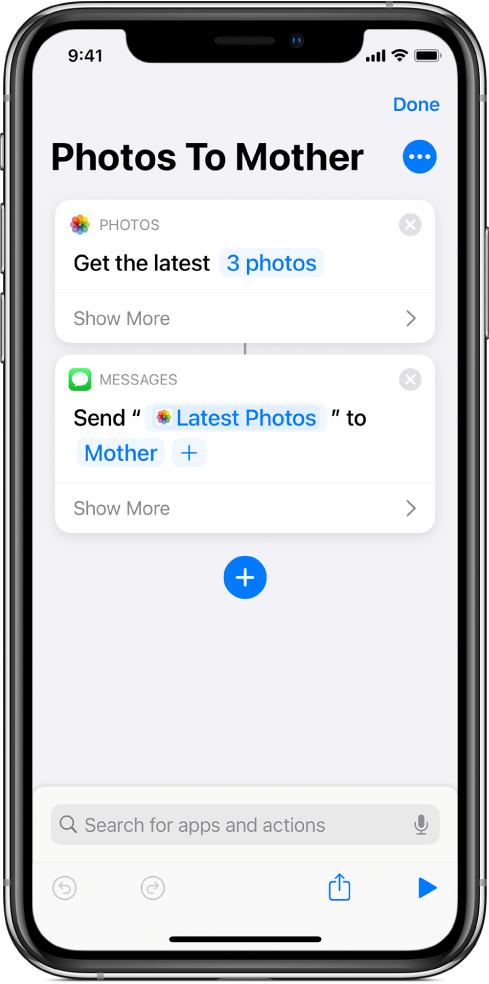 Shortcut containing a Get Latest Photos action and a Send Message action.