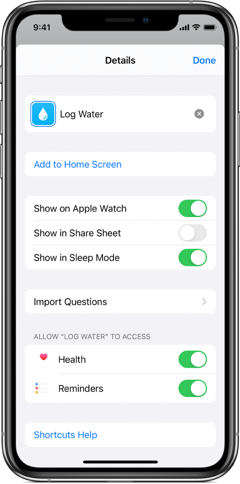 Details screen in Shortcut app showing Show on Apple Watch.