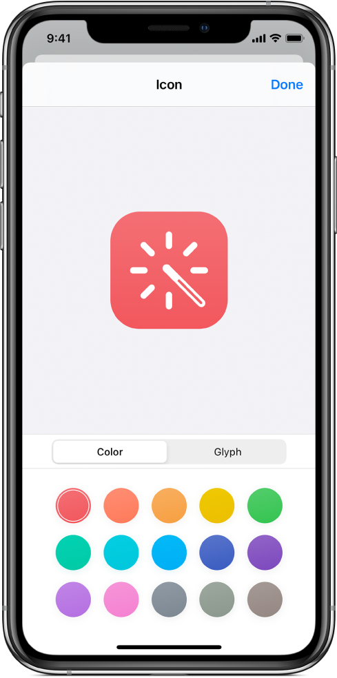 Icon screen showing shortcut color options.