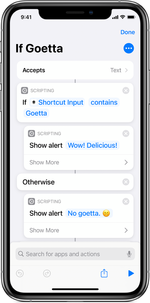 Example shortcut with “If” actions.