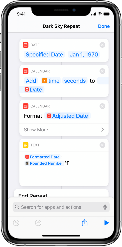 Date action, Adjust Date action, and Text action in the shortcut editor, with variables applied.