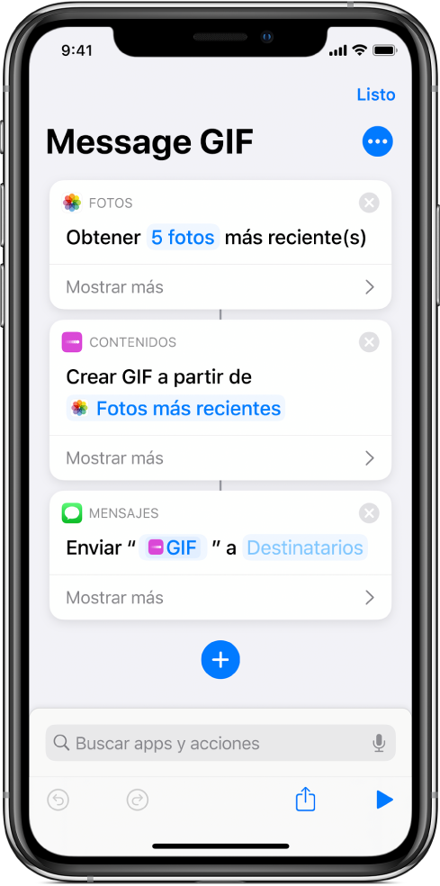 El editor de atajos mostrando acciones para enviar un mensaje con fotos como una imagen GIF animada.