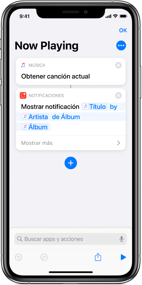 Acción “Mostrar notificación” en el editor de atajos y aviso “Música en reproducción” llamado por la acción “Mostrar notificación”.