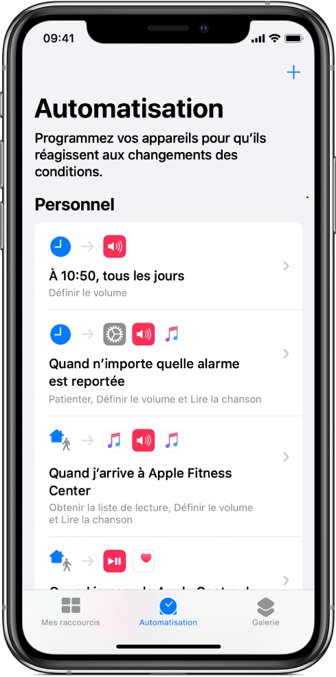 Liste d’automatisations personnelles dans Raccourcis.