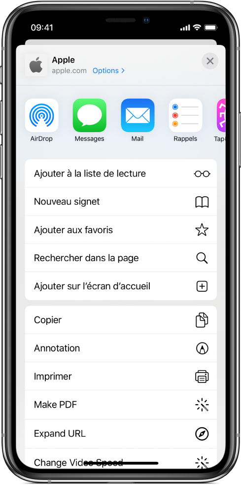 Raccourcis dans la feuille de partage de l’app Safari.