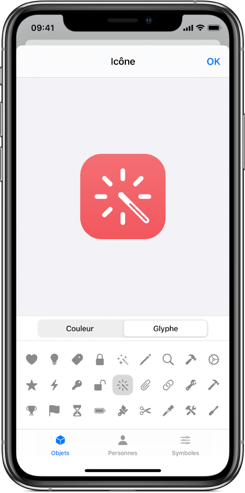 Écran de l’icône présentant les options de glyphe de raccourci.