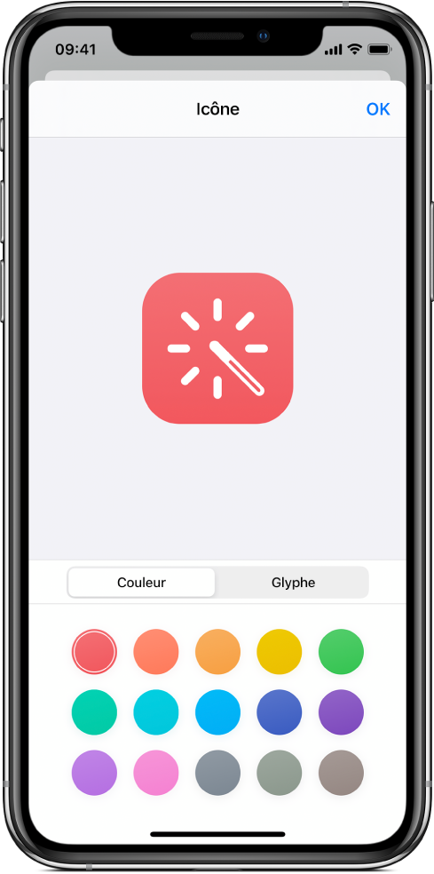 Écran de l’icône présentant les options de couleur de raccourci.