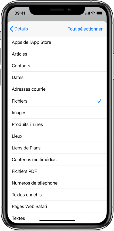 Liste d’entrée de feuille de partage affichant les sortes de contenus disponibles pour un raccourci lorsque celui-ci est exécuté à partir d’une autre app.