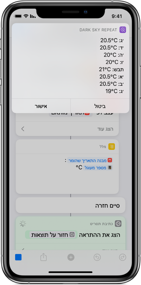 ההתראה שהתקבלה, המציגה את הטמפרטורות הממוצעות לשבוע, בעורך הקיצורים.