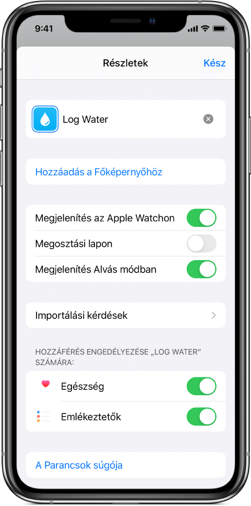 A Parancsok alkalmazás Részletek képernyője, amelyen a Megjelenítés az Apple Watchon lehetőség látható.