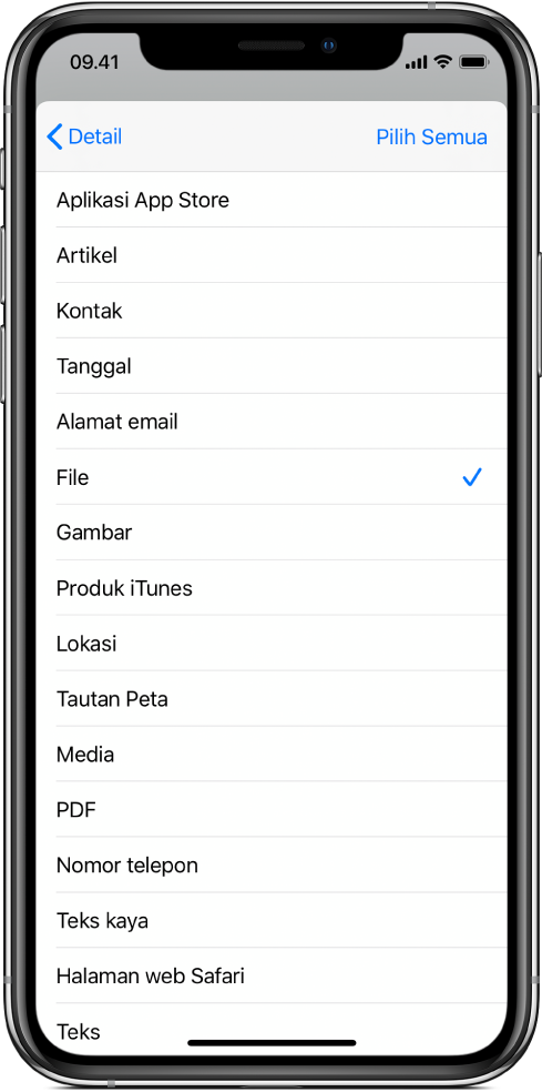 Daftar input Lembar Berbagi menampilkan jenis konten yang tersedia bagi pintasan saat dijalankan dari app lain.