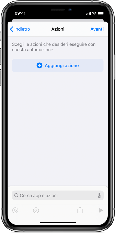 Un'automazione vuota nell'editor delle automazioni dell'app Comandi Rapidi.