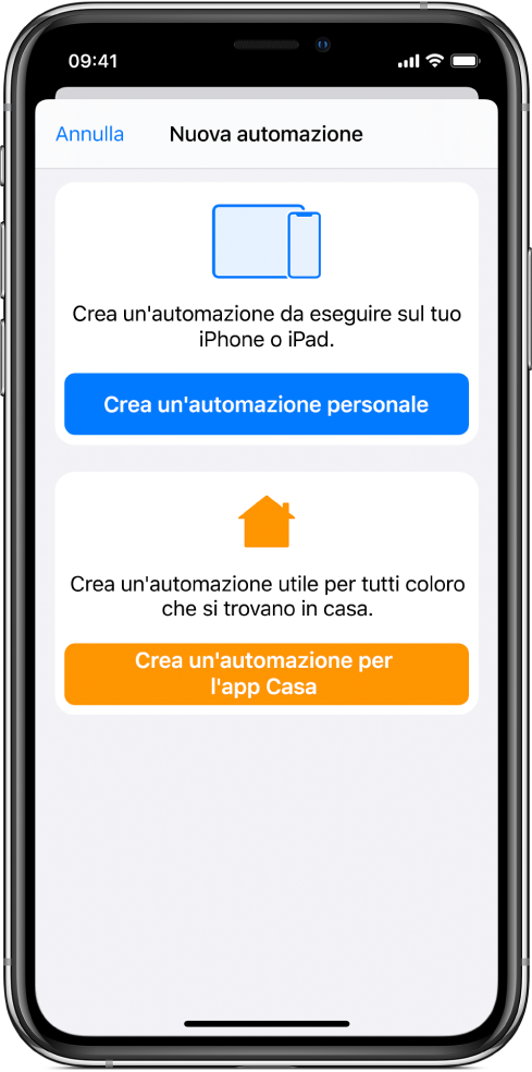 La sezione Automazione dell'app Comandi Rapidi.