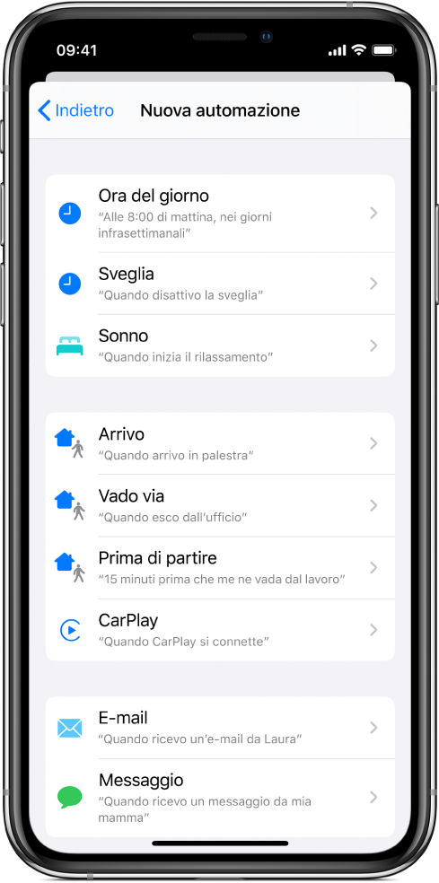 Attivazioni delle automazioni personali nell'app Comandi Rapidi.