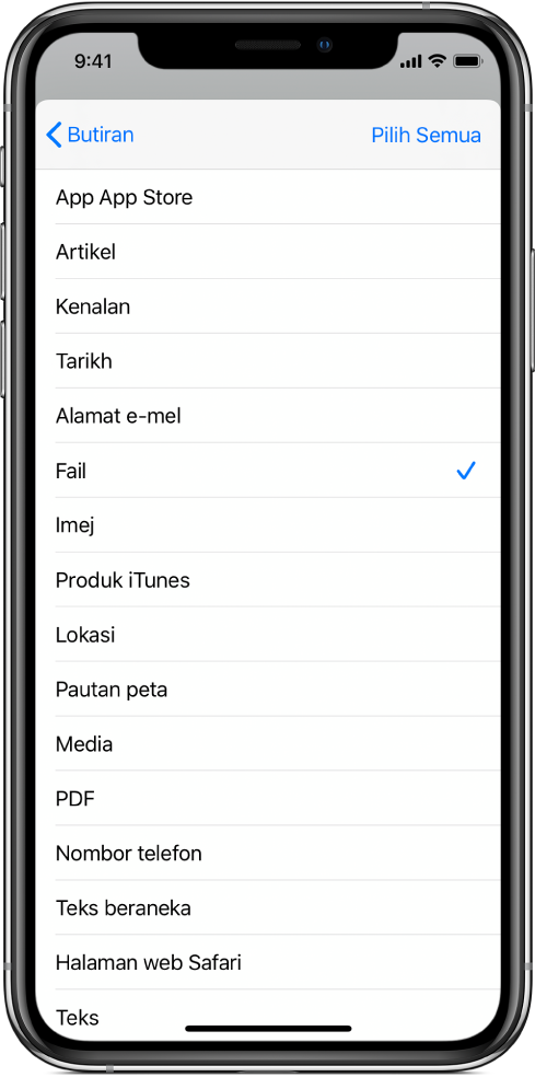 Senarai input Helaian Kongsi menunjukkan jenis kandungan yang tersedia untuk pintasan apabila dijalankan daripada app lain.